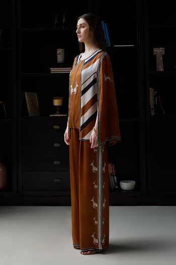 Kamaali Pret_Brown Satin Round Neck Ayal Chevron Print Top And Pant Set _Online_at_Aza_Fashions