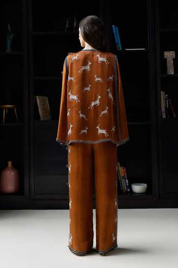 Shop_Kamaali Pret_Brown Satin Round Neck Ayal Chevron Print Top And Pant Set _at_Aza_Fashions