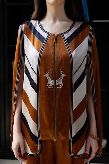 Buy_Kamaali Pret_Brown Satin Round Neck Ayal Chevron Print Top And Pant Set _Online_at_Aza_Fashions