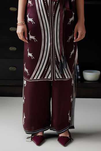 Kamaali Pret_Burgundy Satin Round Neck Nabha Printed Kaftan And Pant Set _Online_at_Aza_Fashions