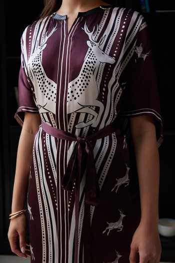 Buy_Kamaali Pret_Burgundy Satin Round Neck Nabha Printed Kaftan And Pant Set _Online_at_Aza_Fashions
