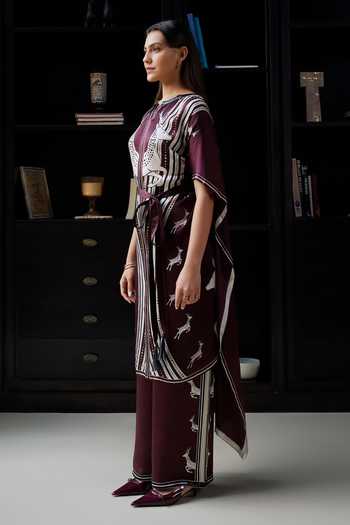 Shop_Kamaali Pret_Burgundy Satin Round Neck Nabha Printed Kaftan And Pant Set _Online_at_Aza_Fashions