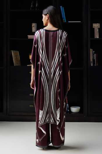 Shop_Kamaali Pret_Burgundy Satin Round Neck Nabha Printed Kaftan And Pant Set _at_Aza_Fashions
