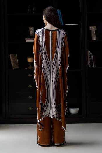 Shop_Kamaali Pret_Brown Satin Split V-neck Zahrha Printed Kaftan And Pant Set _at_Aza_Fashions