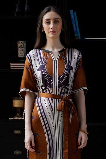 Kamaali Pret_Brown Satin Split V-neck Zahrha Printed Kaftan And Pant Set _Online_at_Aza_Fashions