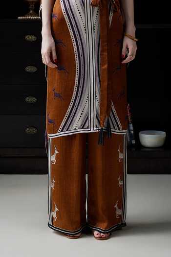 Buy_Kamaali Pret_Brown Satin Split V-neck Zahrha Printed Kaftan And Pant Set _Online_at_Aza_Fashions