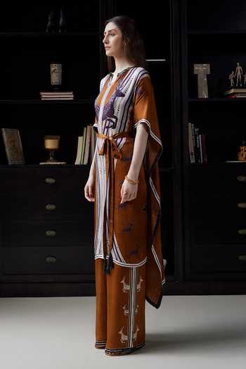 Shop_Kamaali Pret_Brown Satin Split V-neck Zahrha Printed Kaftan And Pant Set _Online_at_Aza_Fashions