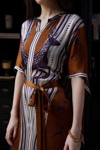 Kamaali Pret_Brown Satin Split V-neck Zahrha Printed Kaftan And Pant Set _at_Aza_Fashions