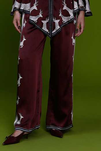 Kamaali Pret_Burgundy Satin Mandarin Collar Ghazal Printed Top And Pant Set _Online_at_Aza_Fashions