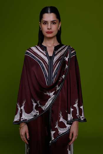 Buy_Kamaali Pret_Burgundy Satin Mandarin Collar Ghazal Printed Top And Pant Set _Online_at_Aza_Fashions