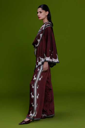 Shop_Kamaali Pret_Burgundy Satin Mandarin Collar Ghazal Printed Top And Pant Set _Online_at_Aza_Fashions