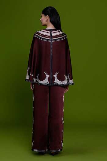 Shop_Kamaali Pret_Burgundy Satin Mandarin Collar Ghazal Printed Top And Pant Set _at_Aza_Fashions