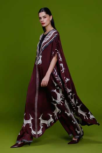 Kamaali Pret_Burgundy Satin Round Neck Al Maha Placement Printed Kaftan And Pant Set _Online_at_Aza_Fashions