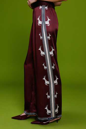 Buy_Kamaali Pret_Burgundy Satin Round Neck Al Maha Placement Printed Kaftan And Pant Set _Online_at_Aza_Fashions