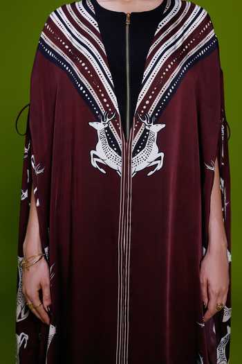 Shop_Kamaali Pret_Burgundy Satin Round Neck Al Maha Placement Printed Kaftan And Pant Set _Online_at_Aza_Fashions