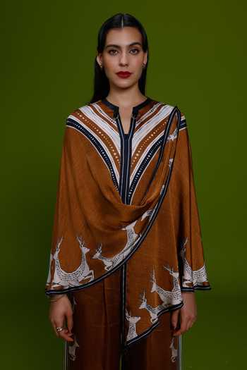 Buy_Kamaali Pret_Burgundy Satin Split V-neck Maysa Deer Motif Top And Pant Set _Online_at_Aza_Fashions