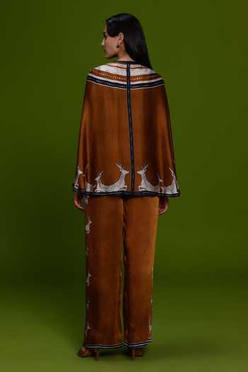 Shop_Kamaali Pret_Burgundy Satin Split V-neck Maysa Deer Motif Top And Pant Set _at_Aza_Fashions