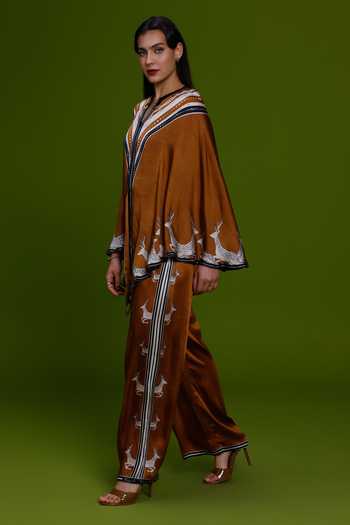 Shop_Kamaali Pret_Burgundy Satin Split V-neck Maysa Deer Motif Top And Pant Set _Online_at_Aza_Fashions