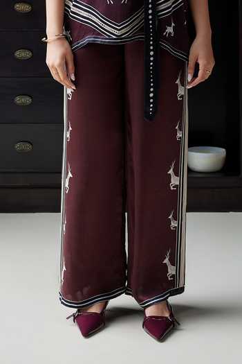 Kamaali Pret_Burgundy Satin Round Neck Ayala Deer Print Top And Pant Set _Online_at_Aza_Fashions