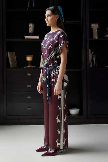 Buy_Kamaali Pret_Burgundy Satin Round Neck Ayala Deer Print Top And Pant Set _Online_at_Aza_Fashions