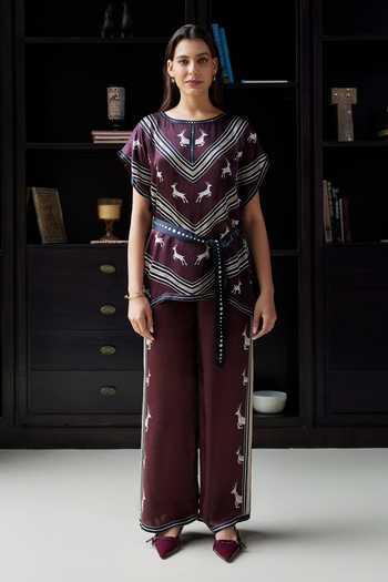Buy_Kamaali Pret_Burgundy Satin Round Neck Ayala Deer Print Top And Pant Set _at_Aza_Fashions