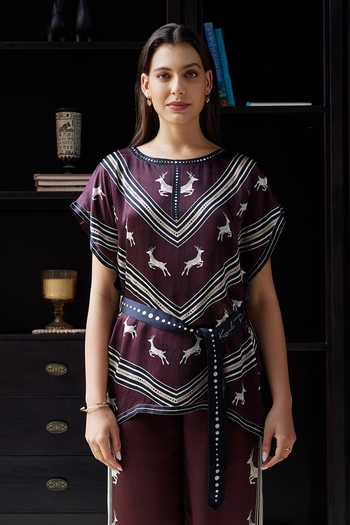 Shop_Kamaali Pret_Burgundy Satin Round Neck Ayala Deer Print Top And Pant Set _Online_at_Aza_Fashions