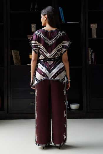 Shop_Kamaali Pret_Burgundy Satin Round Neck Ayala Deer Print Top And Pant Set _at_Aza_Fashions