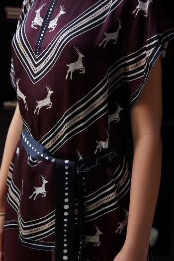 Kamaali Pret_Burgundy Satin Round Neck Ayala Deer Print Top And Pant Set _at_Aza_Fashions