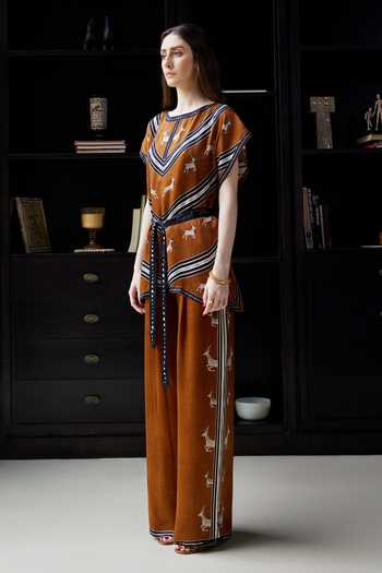 Kamaali Pret_Brown Satin Round Neck Rawan Printed Top And Pant Set _Online_at_Aza_Fashions