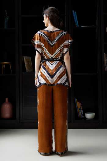 Shop_Kamaali Pret_Brown Satin Round Neck Rawan Printed Top And Pant Set _at_Aza_Fashions