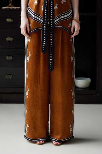Buy_Kamaali Pret_Brown Satin Round Neck Rawan Printed Top And Pant Set _Online_at_Aza_Fashions