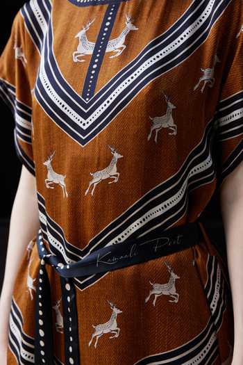 Shop_Kamaali Pret_Brown Satin Round Neck Rawan Printed Top And Pant Set _Online_at_Aza_Fashions