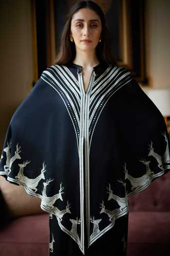 Kamaali Pret_Black Satin Round Neck Aska Line Print Top And Pant Set _Online_at_Aza_Fashions