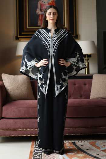 Buy_Kamaali Pret_Black Satin Round Neck Aska Line Print Top And Pant Set _at_Aza_Fashions