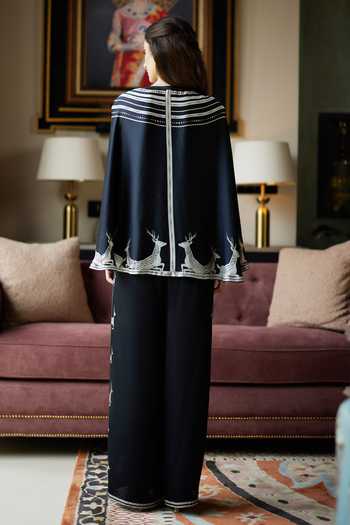 Shop_Kamaali Pret_Black Satin Round Neck Aska Line Print Top And Pant Set _at_Aza_Fashions