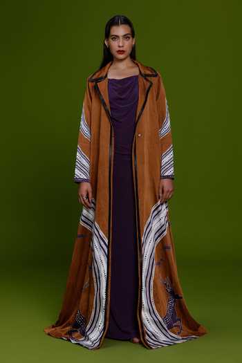 Kamaali Pret_Purple Satin Cowl Neck Hind Printed Jacket With Dress _Online_at_Aza_Fashions