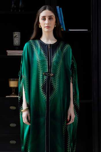 Kamaali Pret_Green Satin Round Neck Rukh Printed Kaftan And Pant Set _Online_at_Aza_Fashions
