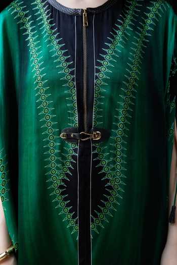 Buy_Kamaali Pret_Green Satin Round Neck Rukh Printed Kaftan And Pant Set _Online_at_Aza_Fashions