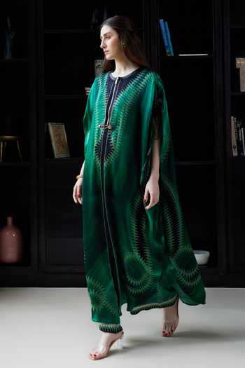 Shop_Kamaali Pret_Green Satin Round Neck Rukh Printed Kaftan And Pant Set _at_Aza_Fashions