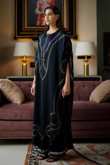 Kamaali Pret_Black Satin Round Neck Liela Fluid Line Print Kaftan And Pant Set _Online_at_Aza_Fashions