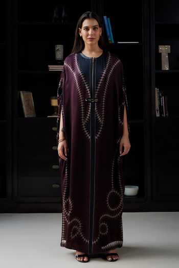 Buy_Kamaali Pret_Wine Satin Round Neck Isra Printed Kaftan And Pant Set _at_Aza_Fashions
