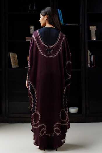 Shop_Kamaali Pret_Wine Satin Round Neck Isra Printed Kaftan And Pant Set _at_Aza_Fashions