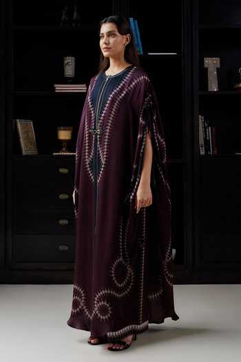 Kamaali Pret_Wine Satin Round Neck Isra Printed Kaftan And Pant Set _Online_at_Aza_Fashions