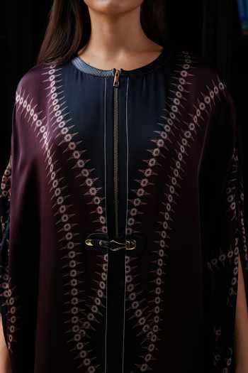 Buy_Kamaali Pret_Wine Satin Round Neck Isra Printed Kaftan And Pant Set _Online_at_Aza_Fashions