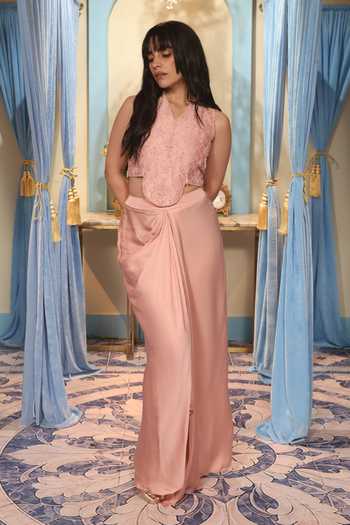 Shop_Midushi Bajoria_Pink Silk, Satin, Shantoon V-neck Hand Work Top And Skirt Set _Online_at_Aza_Fashions