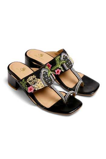 Buy_Shilpsutra_Black The Wild Flora Embroidered Kolhapuri Heels _Online_at_Aza_Fashions