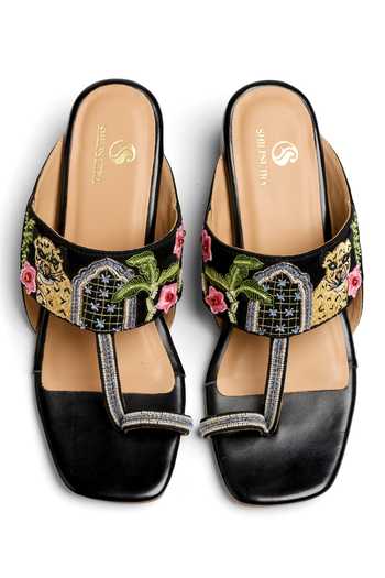 Shop_Shilpsutra_Black The Wild Flora Embroidered Kolhapuri Heels _at_Aza_Fashions