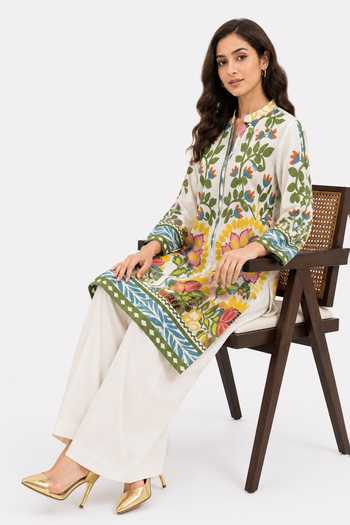 Shop_Poppi_Multi Color Cotton Mandarin Collar Printed Kurta And Palazzo Set _Online_at_Aza_Fashions