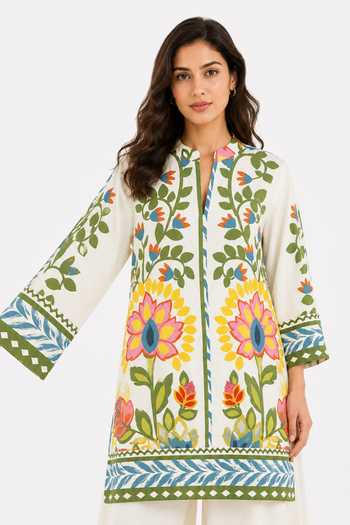 Shop_Poppi_Multi Color Cotton Mandarin Collar Printed Kurta And Palazzo Set 
