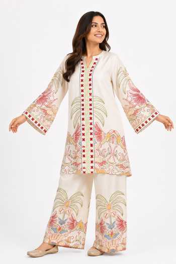 Buy_Poppi_Multi Color Cotton V-neck, Yes Printed Kurta And Palazzo Set _Online_at_Aza_Fashions